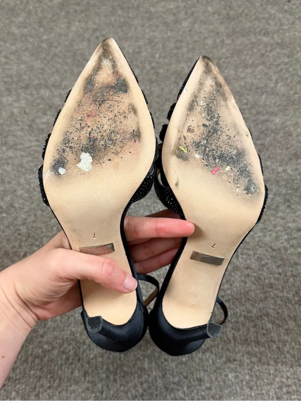 Badgley Mischka Black‎ Satin Rhinestone Pointy Toe Ankle Strap Heels Women’s 7